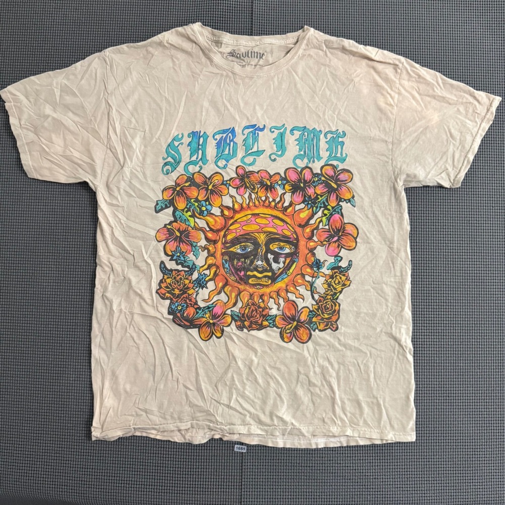 Sublime Sun Logo Graphic T-Shirt Tan Song List Back Print Mens L/XL 2023